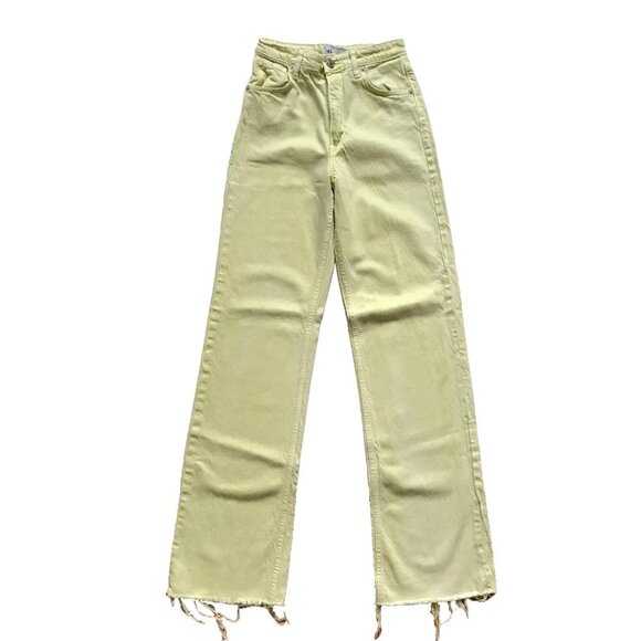 Zara High Rise Wide Leg Jeans Womens 2 Lime Green Raw Hem Denim Pants Boho - Picture 3 of 11